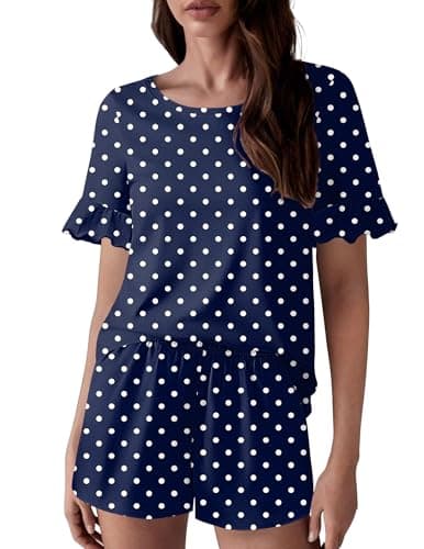 Ekouaer Womens Cotton Pajamas Set Ruffle Sleeves Top and Short Soft Sleepwear 2 Piece Lounge Set with Pockets Blue Wave Point S - Image 1