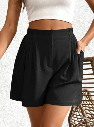 BTFBM Womens Shorts Casual 2026 Spring Summer Elastic High Waisted Pleated Cotton Shorts Beach Vacation Outfits Pockets(Black, XX-Large) - Thumbnail 5