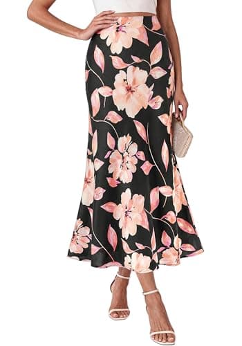 BTFBM Maxi Skirts for Women 2026 Summer Spring Lightweight A Line High Waisted Wedding Guest Party Silk Long Midi Skirt(Floral Black Pink, Small) - Image 1