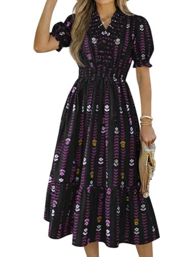 Wenrine Womens Summer Midi Dresses Casual Floral Short Puff Sleeve Ruffle V Neck Smocked Boho Beach Dress Black