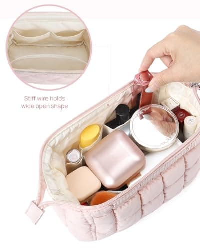 Telena Puffer Makeup Bags for Women, Nylon Puffy Padded Make Up Bags for Women Makeup Organizer Case, Wide-open Makeup Pouch Travel Essentials (Pink-2) - Thumbnail 3