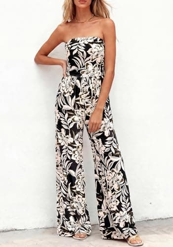 BTFBM Jumpsuits For Women Casual 2026 Floral Strapless Jumpsuit Wide Leg Rompers Beach Vacation Clothes Summer Outfits(Floral Black Beige, XX-Large) - Thumbnail 2