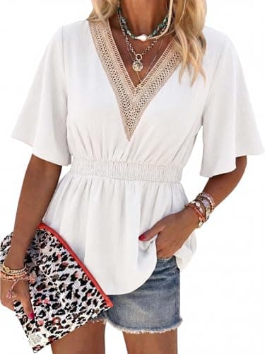 Womens Peplum Tops Summer Lace Short Sleeve V Neck Shirts Dressy Casual Babydoll Blouses White - Image 1