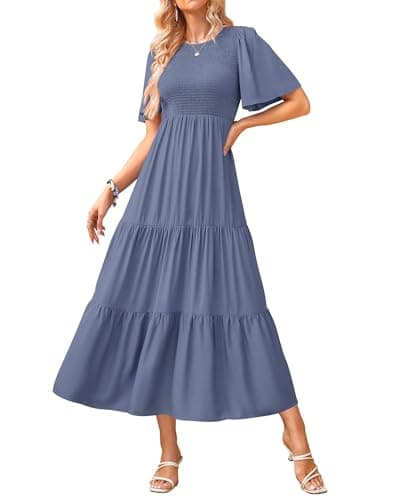 KIRUNDO Party Dresses for Women 2026 Short Sleeve Summer Dress Casual Tiered Empire Waist A Line Flowy Midi Spring Outfits(XX-Large, Grey Blue) - Image 1