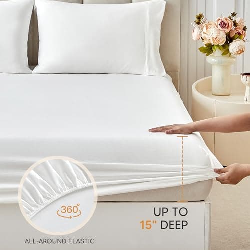 Tokokimo Washed Cotton-Linen Feel 4-Piece Queen Size Sheet Set for Busy Lifestyles – 10-16" Deep Pocket Bed Sheets with Natural Wrinkles, Quick-Dry, Breathable, Soft, White - Thumbnail 4