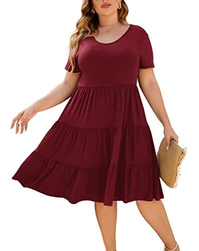 Younrui Women's Plus Size Midi Aline Casual Dress Short Sleeve Solid Babydoll Flowy Ruffle Hem Tiered Summer Dress (1XL-1001-Burgundy) - Image 1