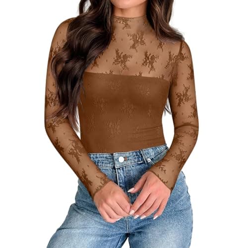 PINKMSTYLE Lace Long Sleeve Bodysuit High Neck for Women, Sexy Tops, Going Out Outfits, Concert & Party Wear - Thumbnail 2