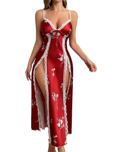CRIPOM Plus Size Sleepwear Silk Lingerie for Women Babydoll Nightgown Wedding Night Lingerie for Bride Pajamas Brick Red Floral XXL - Image 1