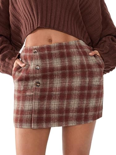 EXLURA Womens Faux Wool Plaid Mini Skirt Elastic High Waisted Tweed Skirts Button Bodycon Skirt Fall Winter Outfit Pocket - Thumbnail 2