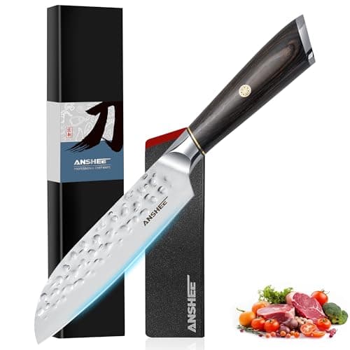 anshee 5 Inch Japanese Santoku Knife & Paring Knife - Hammered Anti-Stick High Carbon Steel Chef Knives, Ergonomic Handle for Fruits/Tomatoes/Meat with Sheath & Gift Box (Home & Professional Chefs) - Image 1