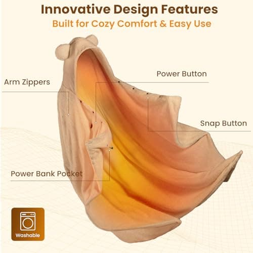 Bearbug Cordless Heated Blanket 50“ x 70", Portable Wearable Heated Blanket Shawl Hoodie Battery Operated, Car Charger, Dc Adapter, 3 Heating Level, Machine Washable, Brown - Thumbnail 3