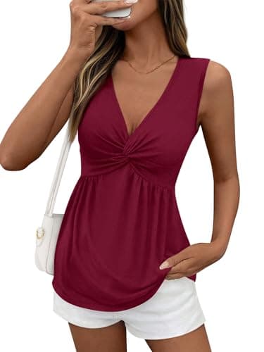 BTFBM Babydoll Tops for Women 2026 Trendy Spring Summer Outfits Twist Front V Neck Peplum Flowy Tank Tops Dressy Casual(Wine Red, Medium) - Image 1