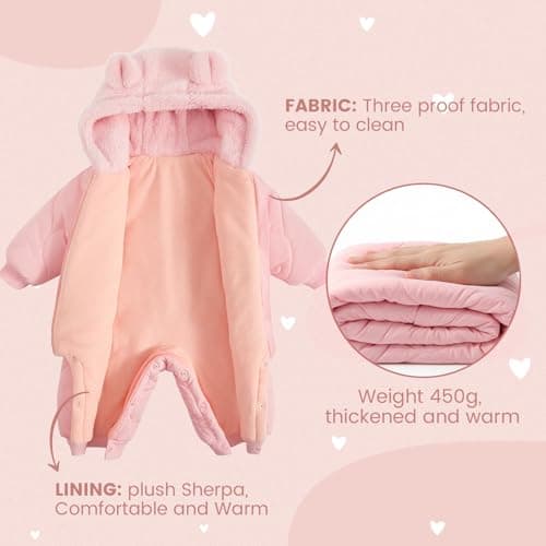 JiAmy Baby Snowsuit Winter Romper Hooded Boys Girls Jumpsuit Bear Thick Windproof Cap Infant Winter Clothes 12-18 Months Pink - Thumbnail 5