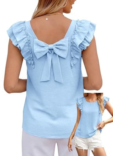 Okiwam Womens Ruffle Short Sleeve Summer Tops Bow Tie Back Blouse Round Neck Cute Babydoll Shirts Spring Summer 2026 Fashion Clothes-XL Blue - Image 1