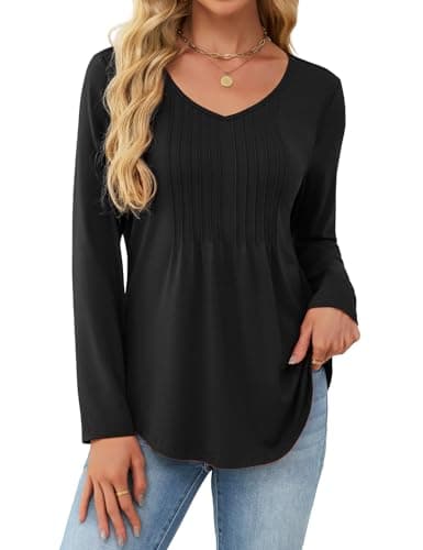JUSTFASHIONNOW Winter Tops for Women V Neck Long Sleeve Shirts Pleated Plus Size Tunic Tops Peplum Dressy Blouses Women's Work Clothes Trendy 2025 (Black, Medium) - Image 1