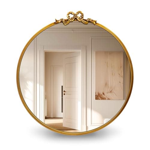 TopCity Vintage Round Gold Bow Mirror: 27.5" Antique Bathroom Mirrors with Metal Frame - Baroque Traditional Ornate for Entryway/Dressing Table/Bedroom/Fireplace - Home Wall Decor for Living Room - Image 1