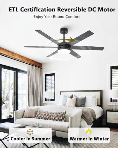 CalorHoga 60 Inch Large Ceiling Fan with Lights, Black Ceiling fans with Remote Control/APP for Indoor Living Room Garage Commercial, 3CCT Dimmable LED Modern Fan, 6 Speeds, Quiet Reversible DC Motor - Thumbnail 5