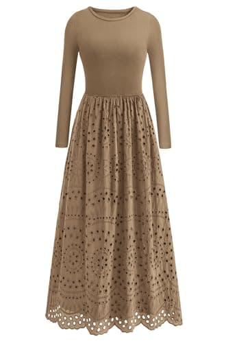 dowerme Women Spring Dresses 2026 Casual Long Sleeve Crewneck A-Line Boho Eyelet Cotton Maxi Wedding Guest Dress Pockets(Khaki,XX-Large) - Image 1