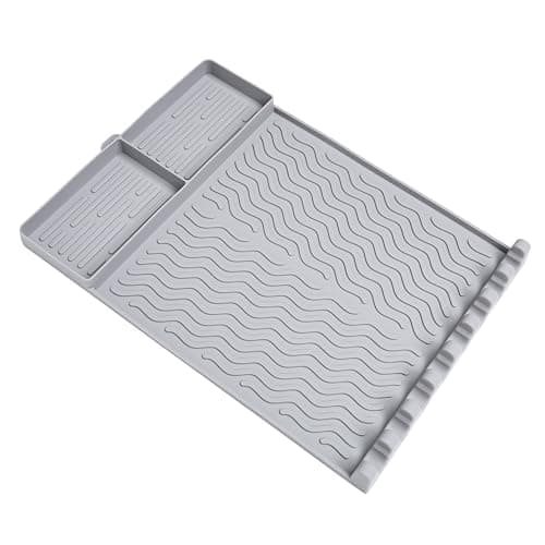 Full-Size Silicone Griddle Mat for Flat Top Grills, Heat Resistant Spatula Holder with Grease Drip Pan, Outdoor Cooking Counter Protector, Gray