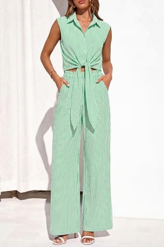 PRETTYGARDEN 2 Piece Sets For Women Summer Striped Button Down Tie Front Crop Tops Wide Leg Pants Floral Lounge Set 2026(Striped Green,Large) - Thumbnail 4