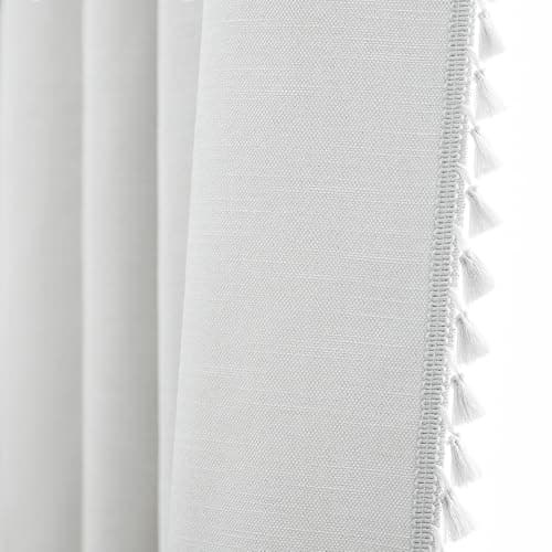 White Linen Blackout Curtains with Tassels 84 Inch Long,100% Blackout Boho Curtain 2 Panels Set for Living Room Bedroom Noise Reduction Curtain - Image 1