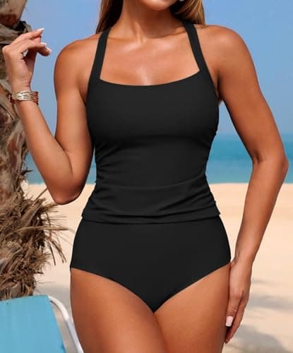 ZAFUL 2025 Tankini Swimsuits for Women Tummy Control Swimsuits 2 Piece Bathing Suits with Bottom Modest Swim Suit Black S - Thumbnail 2