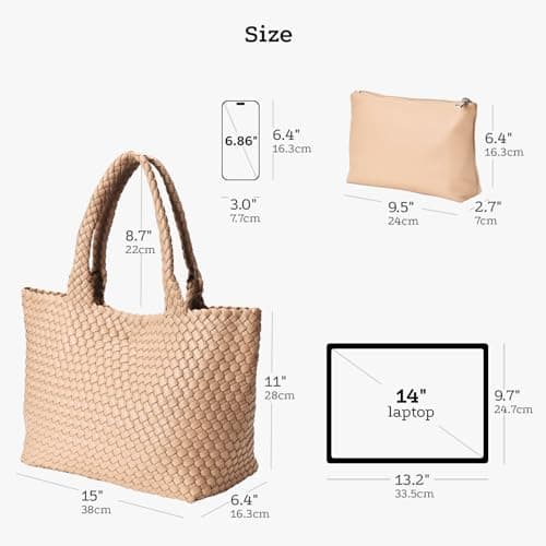 Woven tote Bag for Women, Large woven handbag Shoulder Bag Soft Vegan Leather with Inner Zipper Pouch Khaki - Thumbnail 3