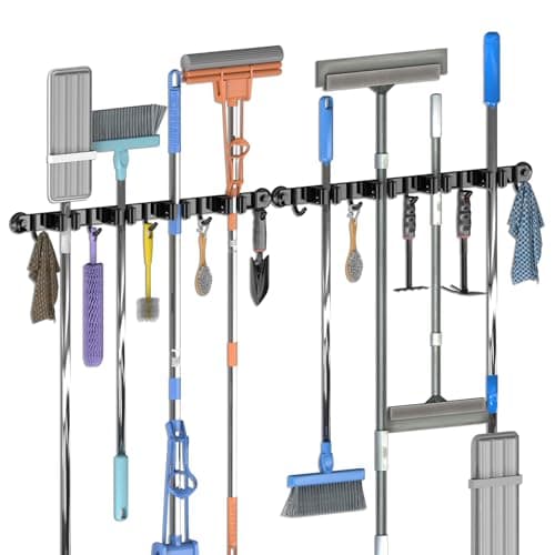 3-H Magnetic Broom Holder Wall Mount 2 Pack, 2-in-1 Dual Mount (No Drill or Screw Fix), 304 Stainless Steel Heavy Duty Magnet Mop Broom Organizer for Kitchen Garden Garage(4 Racks & 5 Hooks,Black) - Image 1
