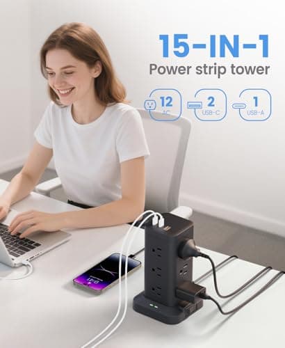 Power Strip Tower with Surge Protector 1800J, Fast Charging Tower PD20W USB-C Ports with 12 AC Outlets, 6ft Extension Cord for Home Office Dorm Room, Black - Thumbnail 3