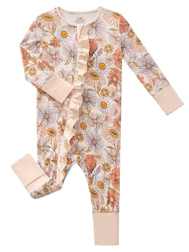 Joonberry Unisex Baby Bamboo Viscose Long Sleeve Romper, Cute Prints Zipper Footless Jumpsuit, Toddler One-Piece Outfits(Gerbera Daisy, 8-12M) - Image 1