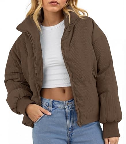 Fisoew Womens Winter Corduroy Puffer Jackets Cropped Puffy Quilted Jackets Coat 2025 - Image 1