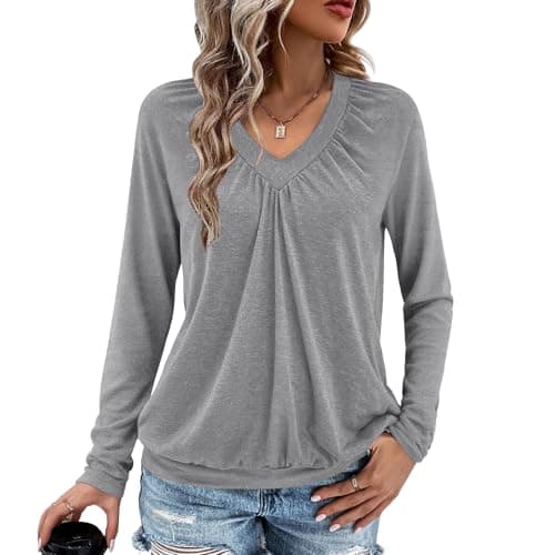 Long Sleeve Shirts for Women V Neck Casual Tops Women Long Sleeve Tops Basic T Shirts Outfits Womens Clothes 2025 Gray - Image 1
