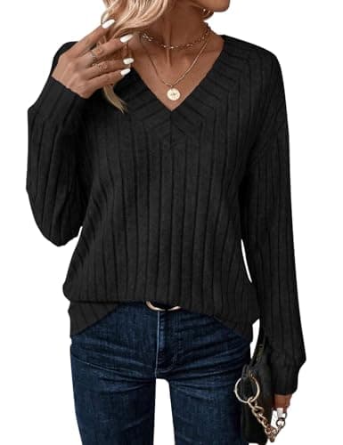 JUSTFASHIONNOW Long Sleeve Shirts for Women V Neck Basic Fall Tops Dressy Casual Blouses Comfy Pullover Winter Sweater 2025(Black,XX-Large) - Image 1