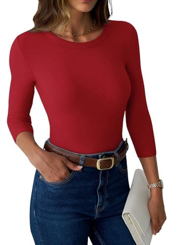 GKBK Womens 3/4 Sleeve Tops Ribbed Slim Fitted Tight Basic T-Shirts Crewneck Cute Layering Lightweight Fall Sweaters 2025 Fashion Outfits Red - Thumbnail 3