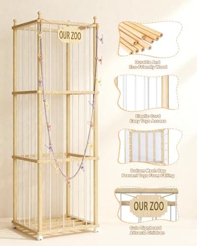 Stuffed Animal Storage, Wood Animals Plush Zoo Toy Toy Storage Holder, Large Capacity Toy Cage With Side Hanging Pouch & Clip Hook, Stuffed Animal Organizer for Playroom, Living Room, Bedroom 54 inch - Thumbnail 5