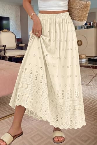 dowerme Women Summer Maxi Skirt Cute Elastic High Waist Boho Eyelet A-Line Cotton Flwoy Long Skirts Spring Clothes 2026(Beige,X-Large) - Thumbnail 3