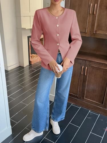 Cicy Bell Womens Business Casual Fitted Blazers Collarless Split Hem Work Office Button Down Suit Jackets Pink - Thumbnail 4