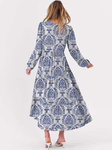 ANRABESS Womens Long Sleeve Boho Maxi Dress 2026 Fall V Neck Floral Striped Casual Loose Fit Beach Vacation Dresses Blue Khaki Large - Thumbnail 5