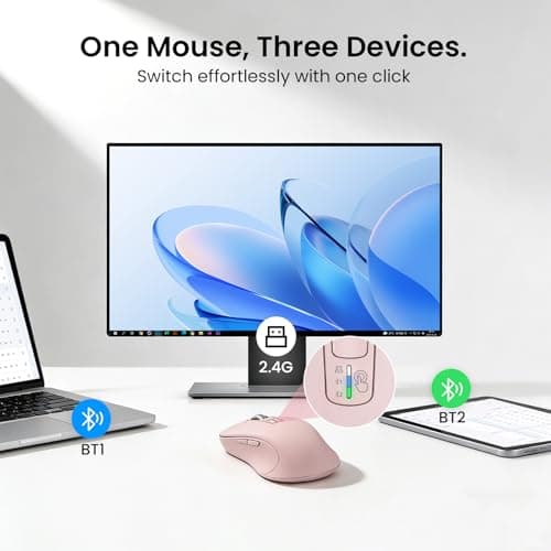 CITLLA Wireless Bluetooth Mouse (USB + BT1 + BT2), Full Size Mouse, 4-Way Scrolling, Multi-Device Silent for Computer, Laptop, iPad, MacBook (Pink) - Thumbnail 4