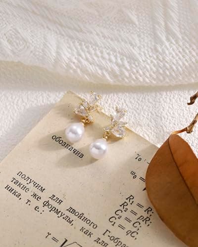 Pearl Earrings for Women, 14k Gold Plated Trendy Cubic Zirconia Pearl Drop Earrings Bridal Shower Gifts for Wedding Party - Thumbnail 4
