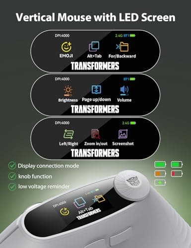 Transformers Vertical Ergonomic Mouse with LED Screen & Knob Control, 3-Device Connectivity (2.4G + Dual Bluetooth), Medium to Large Hands, Rechargeable Wireless Mouse for PC/Mac/Laptop, White - Thumbnail 3