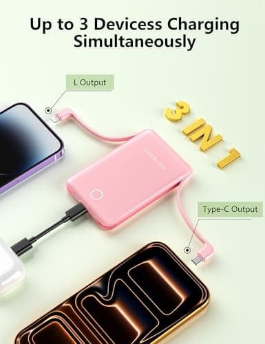 miisso 10000mAh Mini Portable Charger with Built in Cable, Pocket Size Power Bank Travel External Battery Pack for Phone, 3 Output USB Type C Cord Clutch Compatible with iPhone, Samsung, Pink - Thumbnail 5