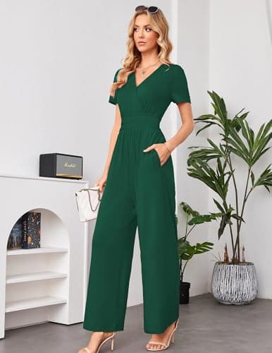 LOOKBOHO Jumpsuits for Women Dressy Casual Short Sleeve Deep V Neck Summer Romper High Waist One Piece Outfits Green L - Thumbnail 5