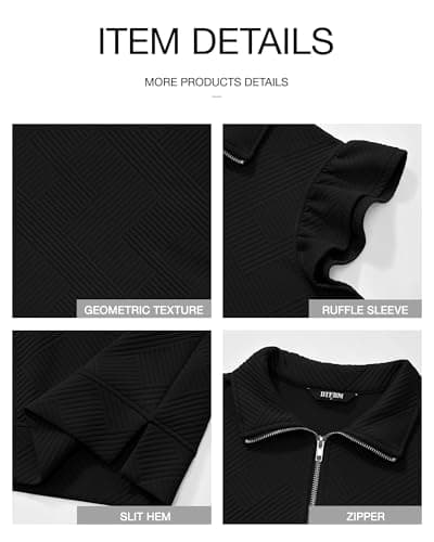 BTFBM Womens 2 Piece Outfits Spring Sweatsuit Zipper V Neck Casual Ruffle Cap Sleeve Tops Drawstring Shorts Lounge Sets(Black, Small) - Thumbnail 6