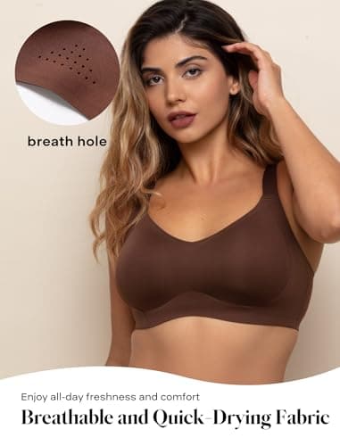COMFELIE Wireless Seamless Minimizer Bra for Full-Figured Women Full Coverage V-Neck, Adjustable Straps, No Wire, Soft & Breathable Dark Brown - Thumbnail 3