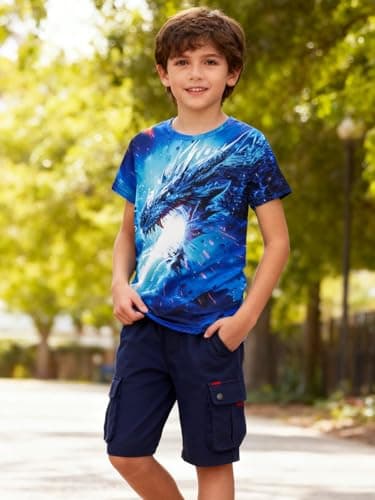 Funnycokid Boys Shirts Neon Color Size 13-14 Kids T-Shirts Girls Dragon Teen Clothes Tops Tees Animal Graphic Print Blue Bright Short Sleeve Birthday Cool 13-14 Years Youth - Thumbnail 2