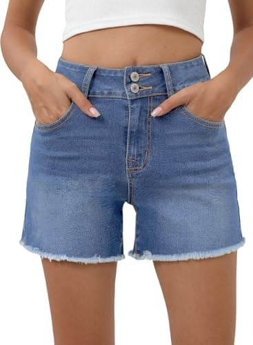 Sidefeel Women's Jean Shorts High Waisted Stretchy Raw Hem Summer Denim Shorts with Pockets Light Blue Size 4 - Image 1