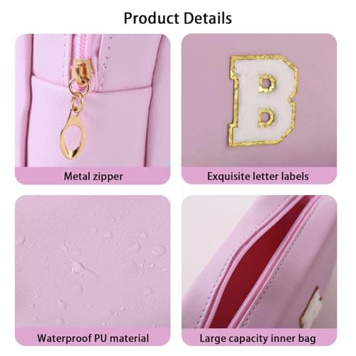 Makeup Bag Initial Preppy Patch Bag,Small PU Leather Travel Cosmetic Bag Pouch with Zipper, Purple Cute Toiletry Bag,Gift Ideal for Teen Girls Women Birthday Friend Mom, Latter B - Thumbnail 3