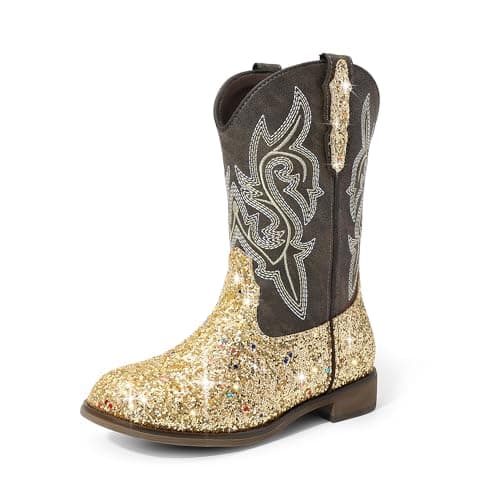 DREAM PAIRS Girls Cowgirl Boots Glitter Toddler Cowboy Boots Child Mid Calf Riding Shoes Party Birthday Dress Up for Toddler/Little/Big Kid,Size 11 Little Kid,Gold,SKMB26002K - Image 1