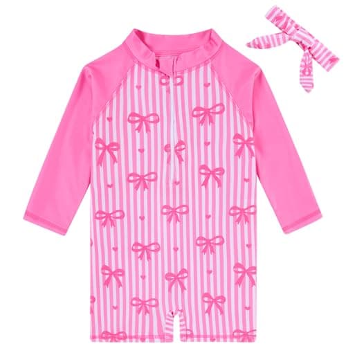 Funnycokid Toddler Swimsuit Girl 3t 4t Months Bathing Suit Bowknot Rash Guard Long Sleeve Swimwear One Piece Pink with Headband - Image 1